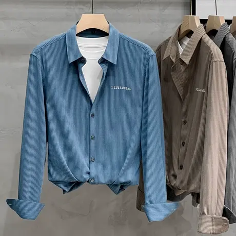 条纹衬衫男长袖韩版潮流修身刺绣衬衣男士休闲高级感春夏2023新款商品大图