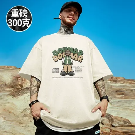 300g重磅美式复古加肥加大短袖t恤街头大码杏色圆领纯棉半袖男潮商品大图