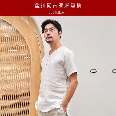 亚麻短袖t恤V领夏季男士宽松衬衣休闲棉麻衬衫半袖复古中国风上衣商品大图