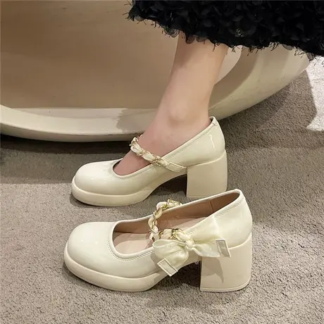 白色玛丽珍女鞋2023春新款不累脚厚底蝴蝶结粗跟显高法式高跟单鞋商品大图