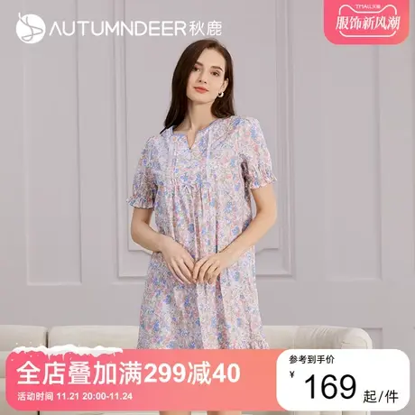 秋鹿梭织纯棉睡裙夏季女款甜美荷叶边连衣裙短袖中长款碎花女裙子图片
