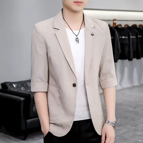 夏天潮流格子七分袖西装男士雅痞帅气中袖时尚修身小西服外套上衣商品大图