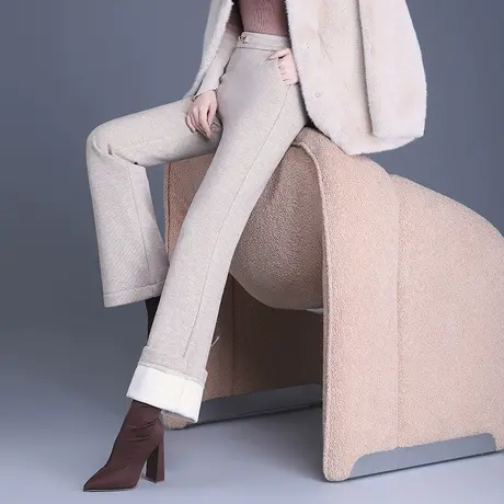 气质微喇裤女2023新款秋冬加绒羊毛呢长裤高腰显瘦通勤休闲裤子厚商品大图