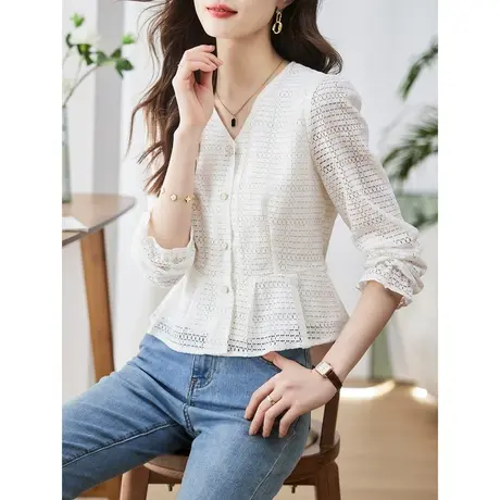 时尚气质淑女衬衫2023年春季新款温柔减龄简约V领显瘦通勤上衣图片