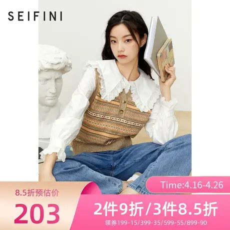 商场同款诗凡黎新品毛针织衫女复古罗纹无袖V领马甲7C9332431商品大图