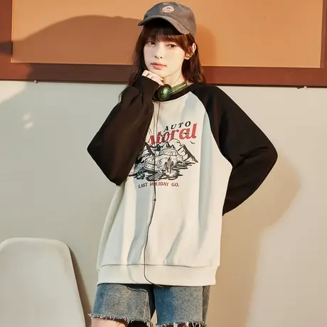 唐狮2023新款春季女卫衣圆领插肩袖拼接美式小众潮牌女士ins上衣图片