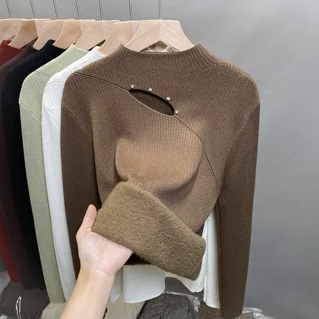 一体绒半高领毛衣女加绒厚打底衫2023秋冬新款镂空针织衫内搭上衣图片