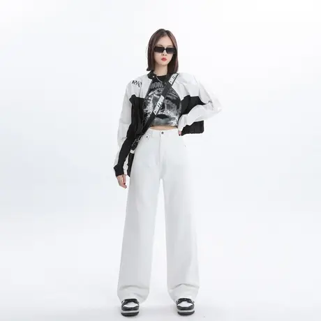 白色高腰阔腿牛仔裤女春秋2024年新款显瘦直筒宽松小个子拖地裤子图片