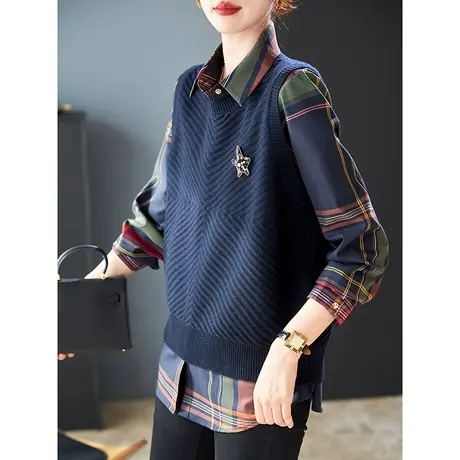 宝诗黎羊毛针织马甲背心格子衬衫两件套装女2024年新款时尚早春装商品大图