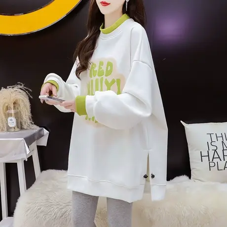 加绒加厚卫衣女中长款打底衫春季2024新款宽松慵懒风洋气百搭上衣商品大图