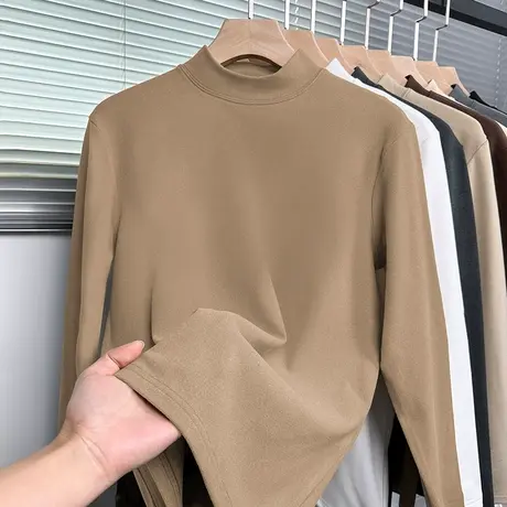 重磅双面德绒t恤男长袖半高领打底衫秋冬内搭加绒保暖中领秋衣服商品大图