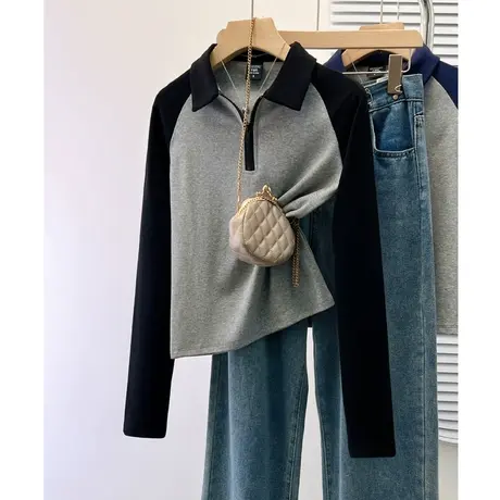 美式撞色polo领内搭长袖T恤打底衫女秋季辣妹修身显瘦短款上衣潮商品大图