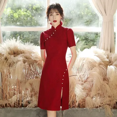 旗袍敬酒服新娘2023新款夏季酒红色平时可穿订婚回门礼服便装蕾丝图片