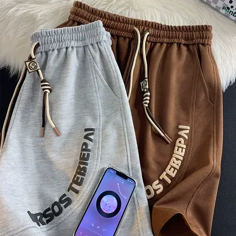 发泡短裤男夏季薄款潮牌宽松休闲裤美式复古抽绳直筒运动五分裤子商品大图