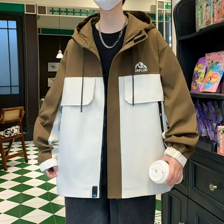 春季拼接撞色刺绣夹克衫男士外套潮牌百搭刺绣连帽上衣服夹克男装商品大图