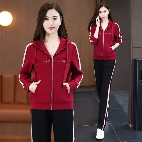 休闲运动服套装女2024春秋新款时尚连帽卫衣外套显瘦直筒裤两件套商品大图