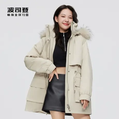 波司登奥莱女装中长款工装派克服天然毛领甜酷风抽绳收腰羽绒服图片