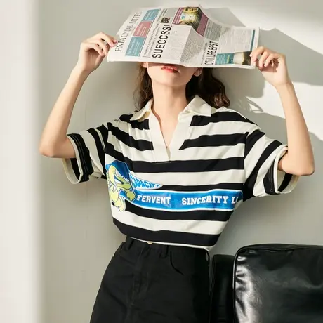 唐狮2022夏装新款女短袖黑白色T恤条纹上衣设计感小众polo领衣服Q图片