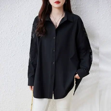 长袖衬衫女春秋新款大码女装上衣宽松中长款洋气蕾丝拼接休闲衬衣商品大图