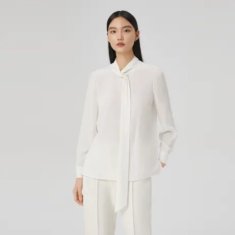 【真丝】LANCY/朗姿女装春季新款白色衬衫女飘带宽松衬衣图片