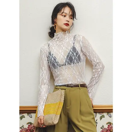 蕾丝网纱打底衫内搭长袖t恤白色透视上衣女夏吊带裙外搭罩衫薄纱图片