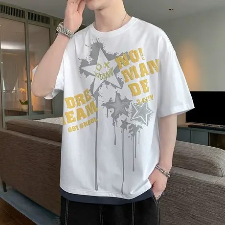 2023夏季新款日系简约潮牌印花短袖T恤男士宽松ins百搭半袖上衣男商品大图
