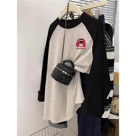 港风复古长袖T恤女oversize大码春季纯棉内搭ins潮百搭插肩袖上衣商品大图