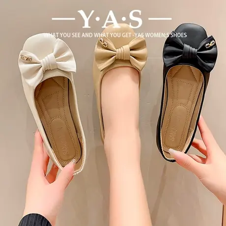 网红平底单鞋女2024夏季新款百搭浅口蝴蝶结仙女鞋温柔圆头豆豆鞋图片
