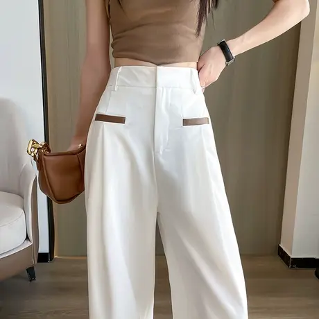 窄版白色休闲西装裤女夏季新款设计感撞色高腰宽松直筒阔腿拖地裤商品大图