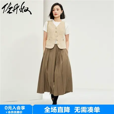 佐丹奴七分裙裤女春季新款百褶梭织半松紧腰休闲阔腿裤女18424601商品大图