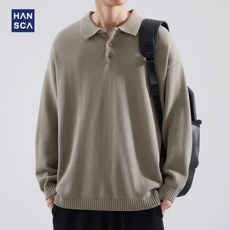 hansca痞帅纯色简约翻领针织衫男秋冬季美式复古慵懒风套头毛衣商品大图
