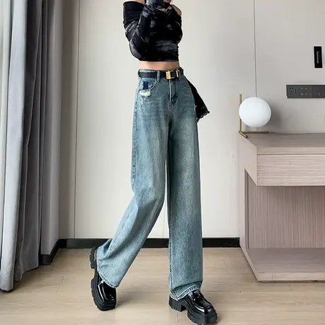 美式复古水洗蓝色牛仔裤女2034春秋新款宽松高腰直筒百搭拖地长裤商品大图