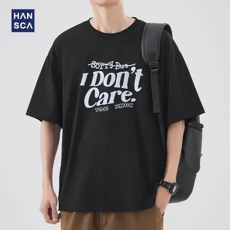 hansca 字母圆领短袖T恤男夏季新款美式潮牌落肩大码宽松休闲上衣商品大图