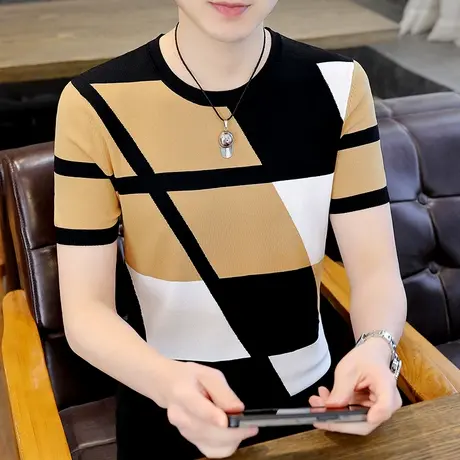 短袖男款t恤潮牌拼接撞色衣服半袖夏季冰丝凉感薄款透气休闲体恤商品大图