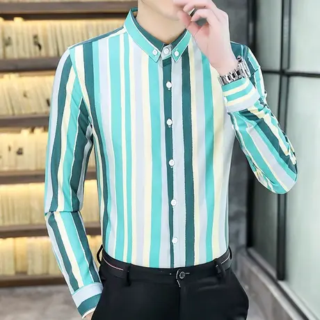 潮牌长袖衬衫男士秋季网红发型师个性韩版彩色条纹痞帅气休闲衬衣商品大图