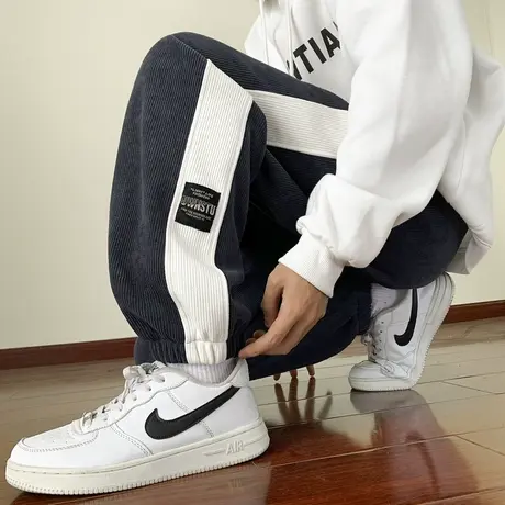 侧边条纹运动卫裤男秋季束脚裤雪尼尔休闲裤潮牌百搭灯芯绒长裤子商品大图