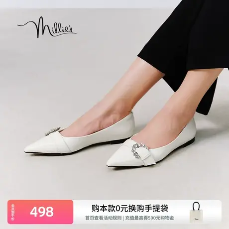 妙丽尖头平底鞋春季新款时尚简约休闲百搭钻扣低跟女单鞋2130LCQ3商品大图