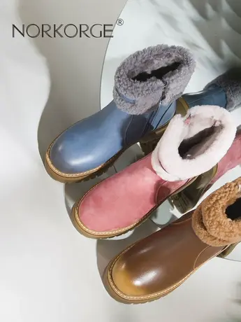 2023新款冬季复古蓝色真皮雪地靴短靴圆头粗跟厚底防滑真毛马丁靴商品大图