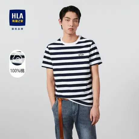 HLA/海澜之家经典条纹短袖T恤经典圆领透气简约舒适纯棉短t上衣男图片