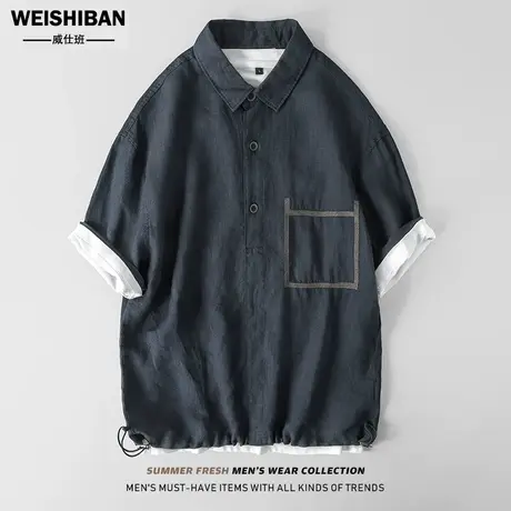 日系复古拼色纯麻短袖衬衫男夏季轻薄透气翻领文艺抽绳显瘦衬衣男商品大图