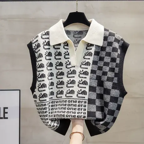 Polo领针织马甲背心女2023春秋新款宽松外穿马夹细针落肩毛衣坎肩商品大图