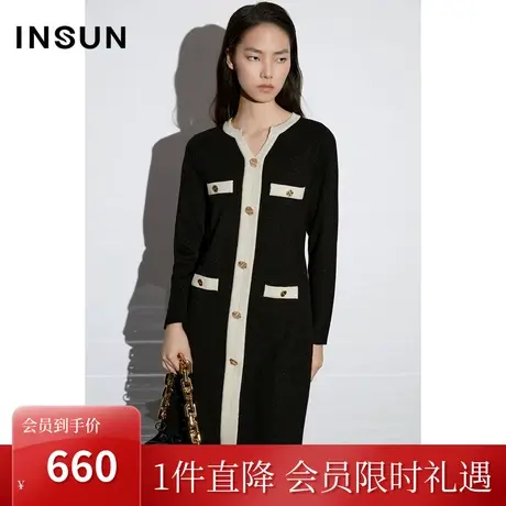 恩裳COVER2023春款新款经典撞色香风金属纽扣点缀直筒针织连衣裙图片