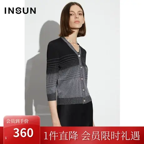 恩裳COVER2023夏季新款凉感冰丝纯色拼撞光银色条纹针织衫V领开衫商品大图