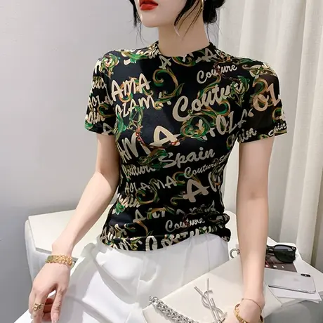 字母印花网纱上衣女短袖春秋2023新款气质半高领雪纺衫修身小衫潮商品大图