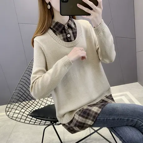 格子衬衫领假两件毛衣女2022年秋季新款宽松外穿爆款内搭针织衫女图片