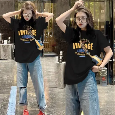 欧货爆款上衣2023年新款纯棉短袖t恤女中长款宽松印花体恤夏ins潮图片