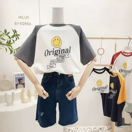 ins港味笑脸字母复古T恤2022夏季新款韩国东大门设计感拼色短袖潮商品大图