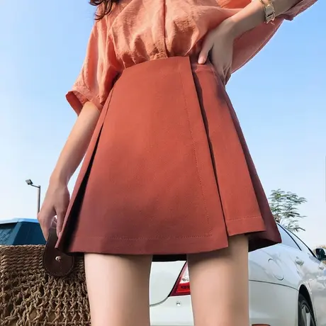 夏季新款焦糖色百搭显瘦西装百褶a字半身裙小个子短裙女防走光图片