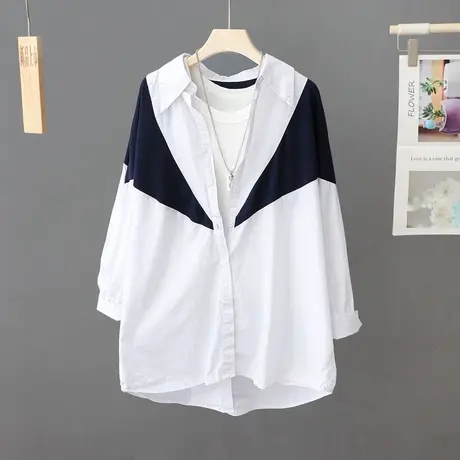 小众拼接蝙蝠长袖宽松衬衫女春装新款中长款休闲外搭衬衣开衫女装图片