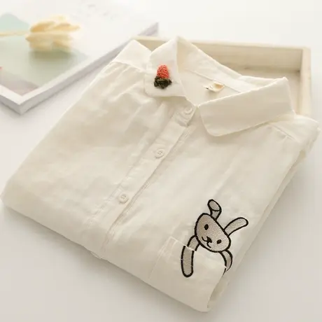 春秋季日系文艺小清新减龄刺绣双层纱纯棉长袖衬衫女学生打底上衣商品大图